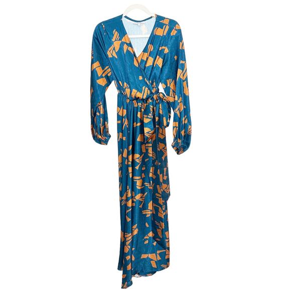 DIARRABLU NWOT Gyraf Blue Satin Marieme True Wrap Long Sleeve Maxi Dress Small - Picture 3 of 9